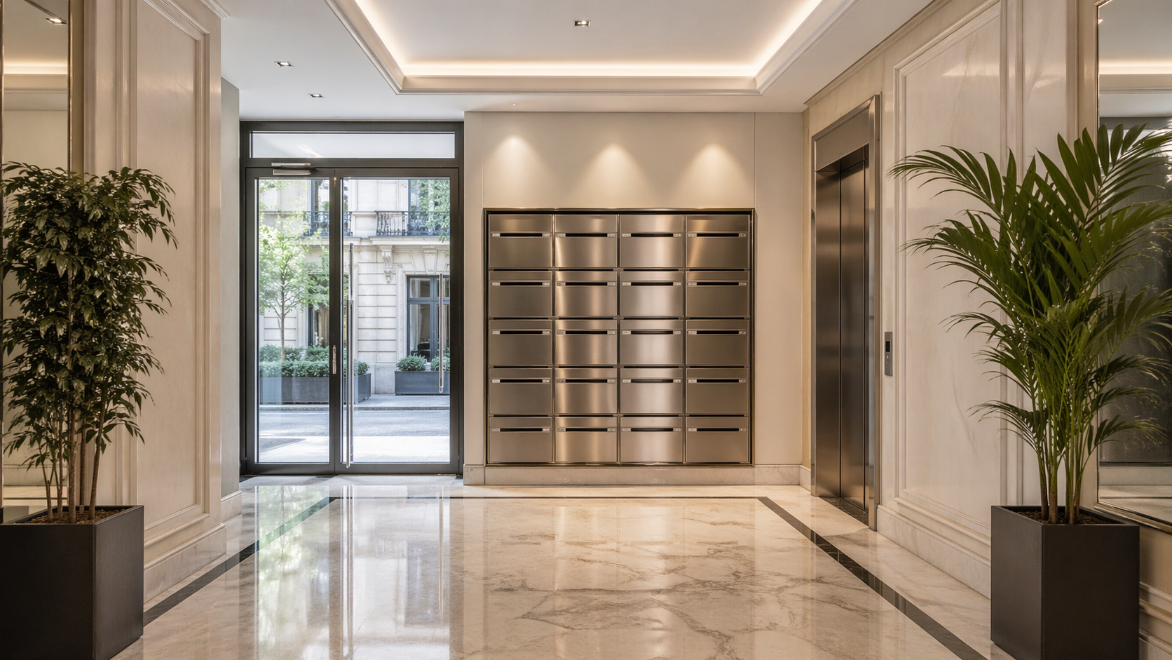Hall d entree d un immeuble residentiel parisien avec boites aux lettres inox et ascenseur
