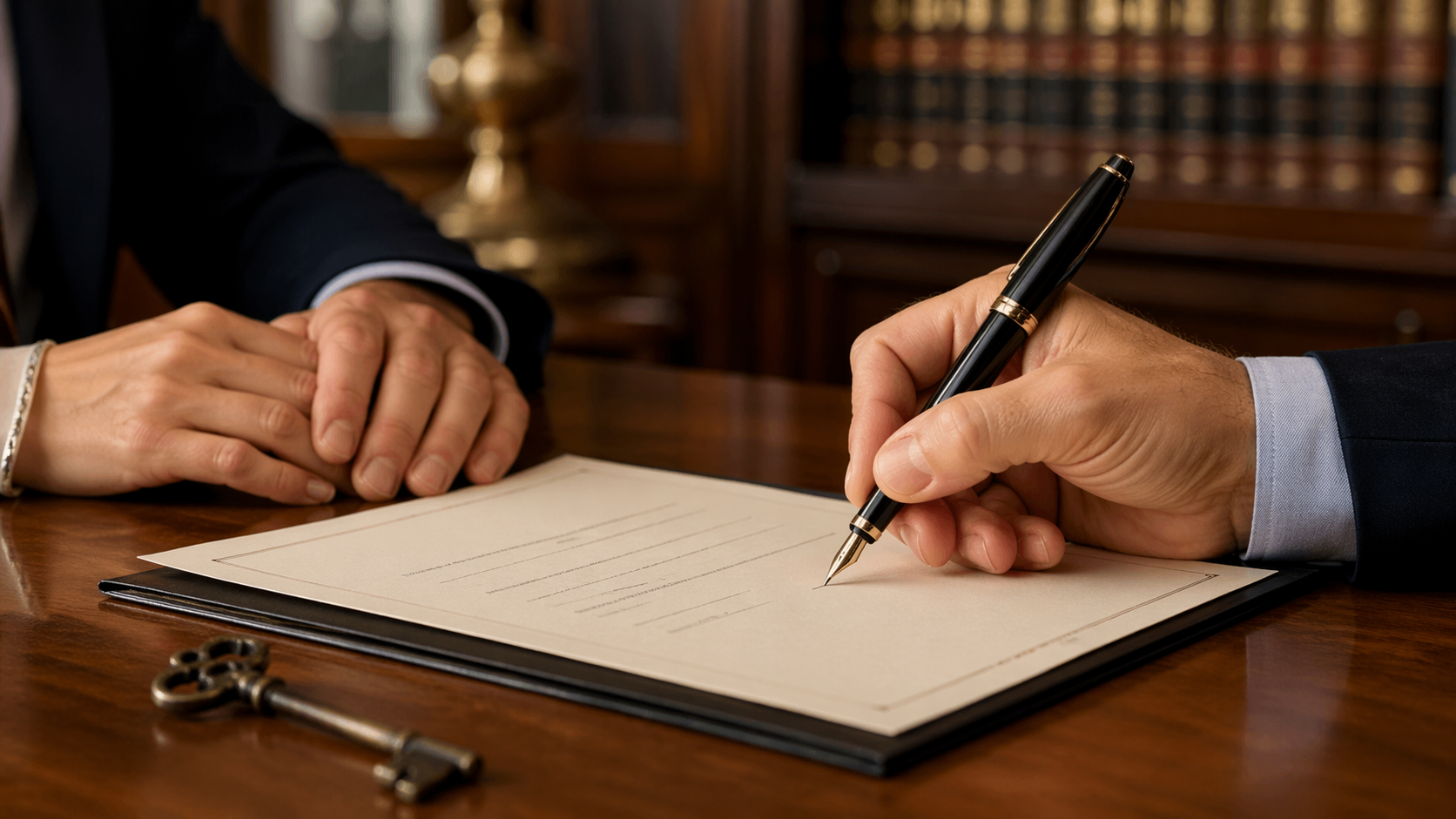 Signature d un compromis de vente chez le notaire avec stylo cles et document