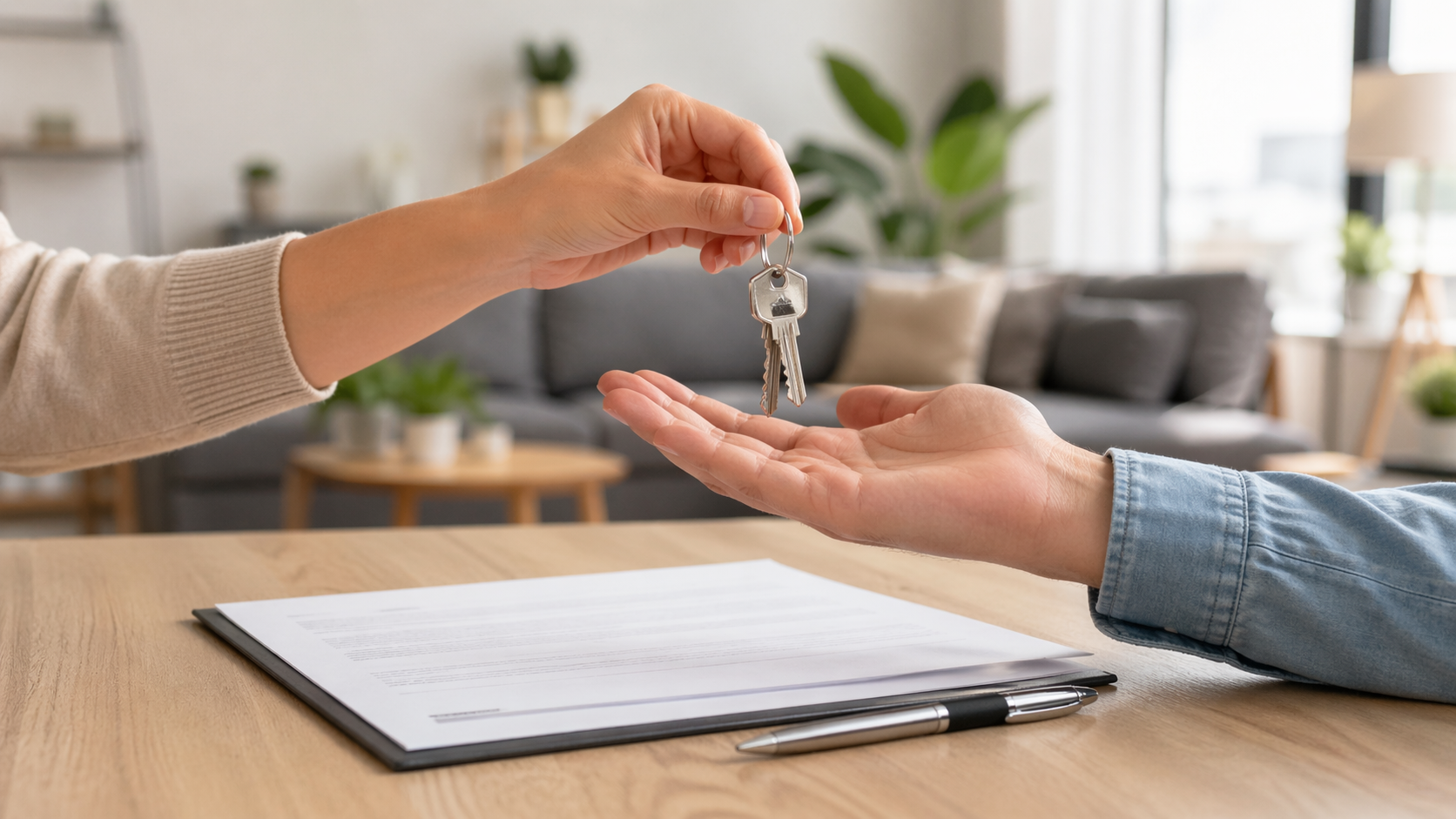 Remise des cles et contrat de location bailleur locataire dans un salon