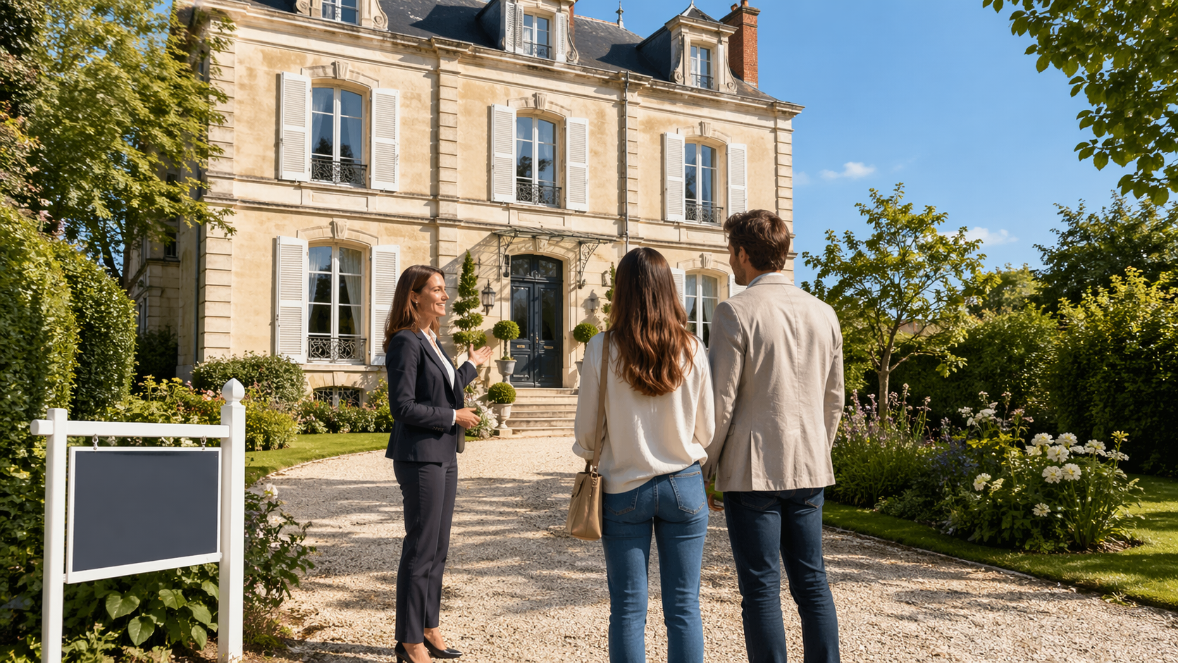Agente immobiliere presentant une maison francaise a un couple devant panneau a vendre