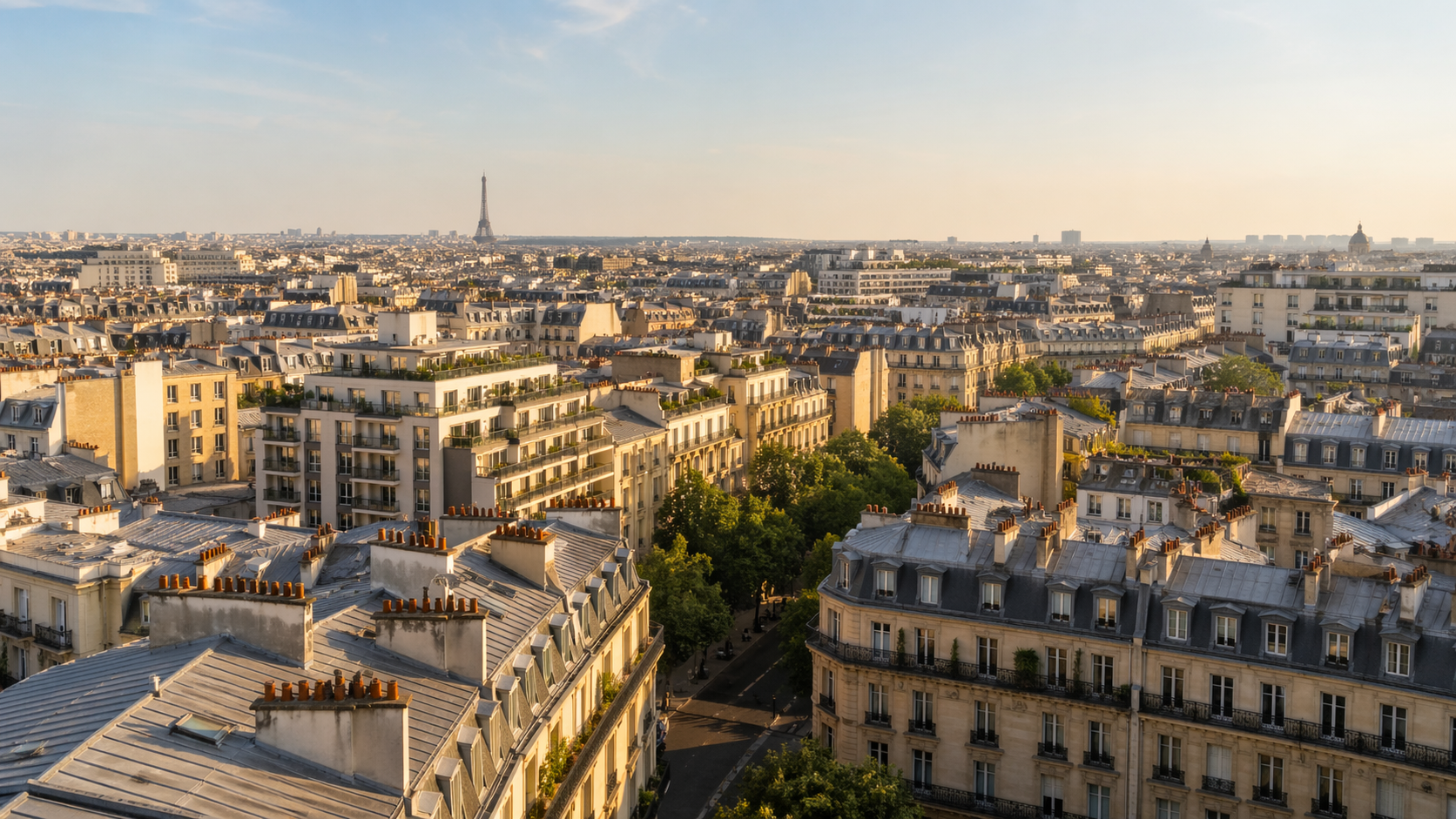 Vue aerienne des toits parisiens haussmanniens avec Tour Eiffel au loin lumiere doree