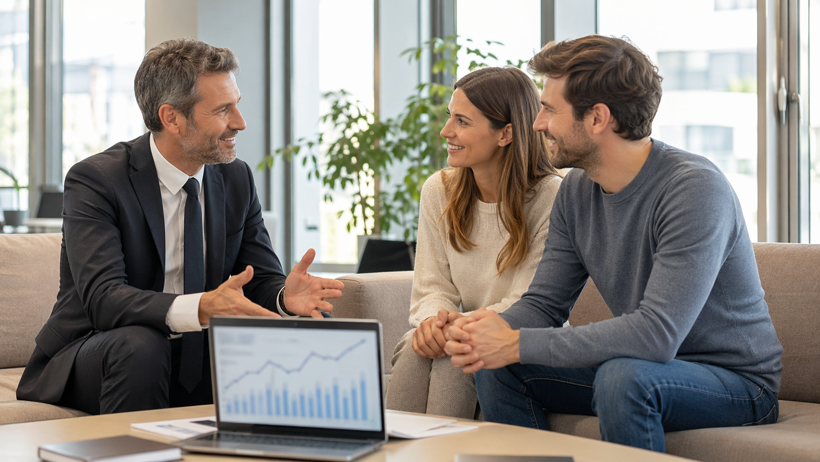 Conseiller bancaire presentant les taux de credit immobilier 2026 a un couple