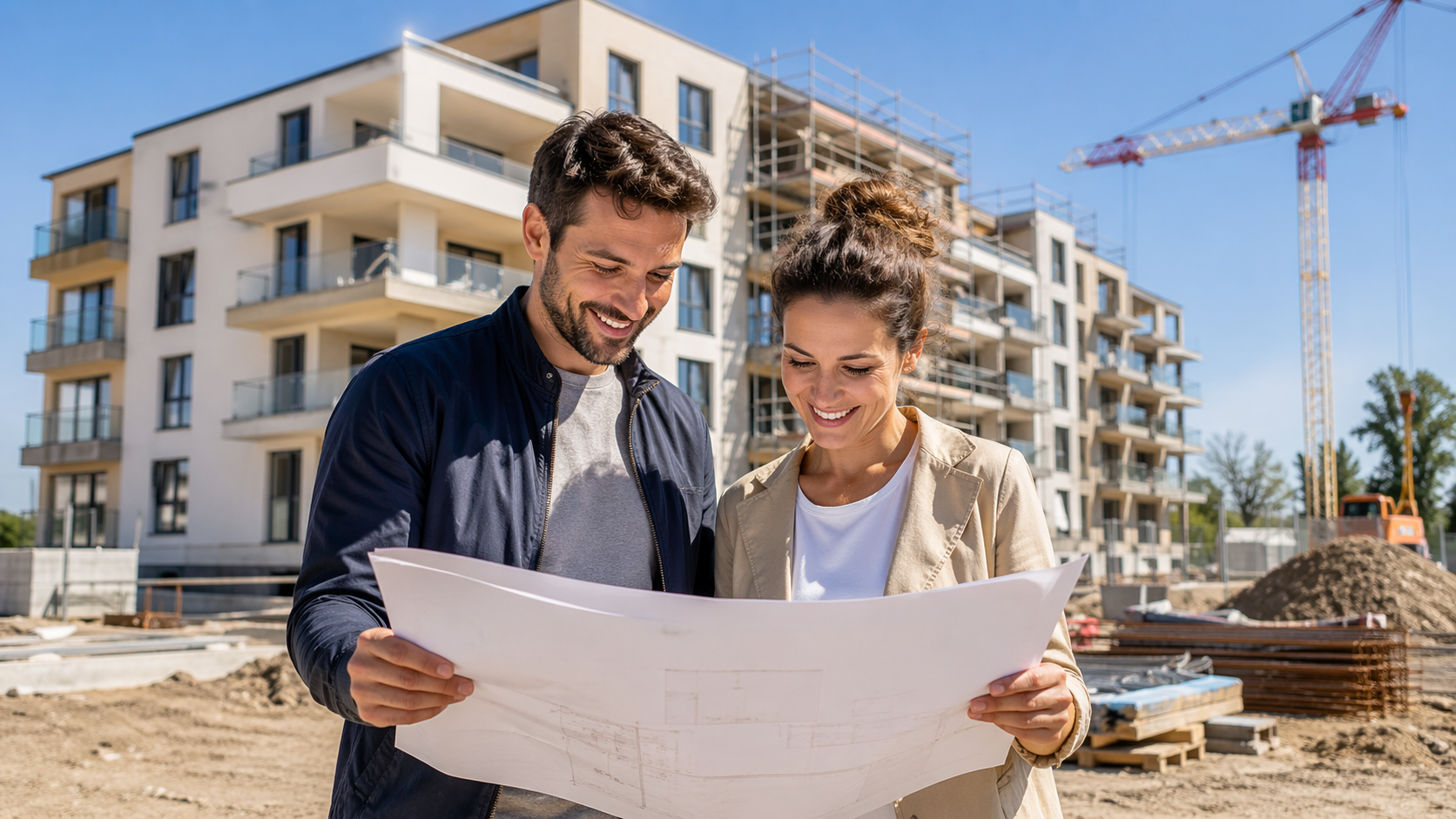 Couple examinant les plans d un appartement neuf devant un chantier en VEFA