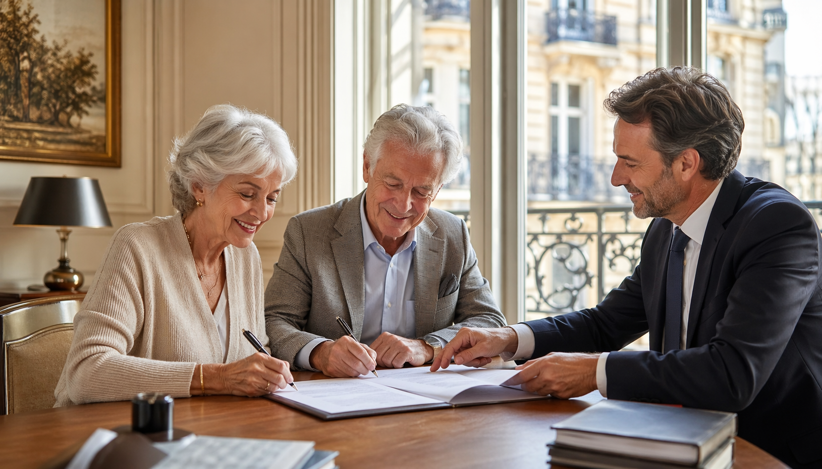 Couple senior signant un contrat chez le notaire bureau lumineux atmosphere chaleureuse