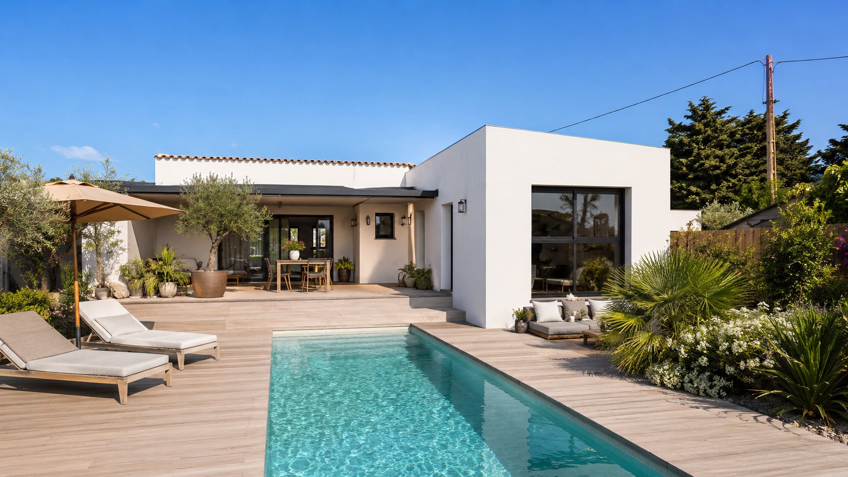 Maison contemporaine francaise avec piscine enterree dans le jardin et terrasse en bois