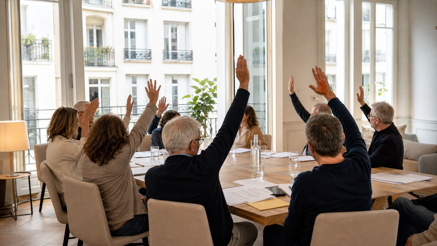 Copropriétaires votant à main levée lors d'une assemblée générale de copropriété