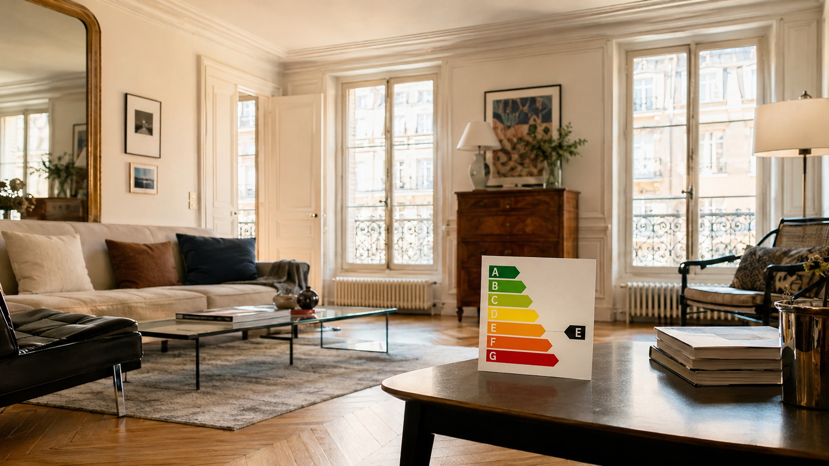 Salon parisien ancien avec radiateur en fonte et étiquette DPE