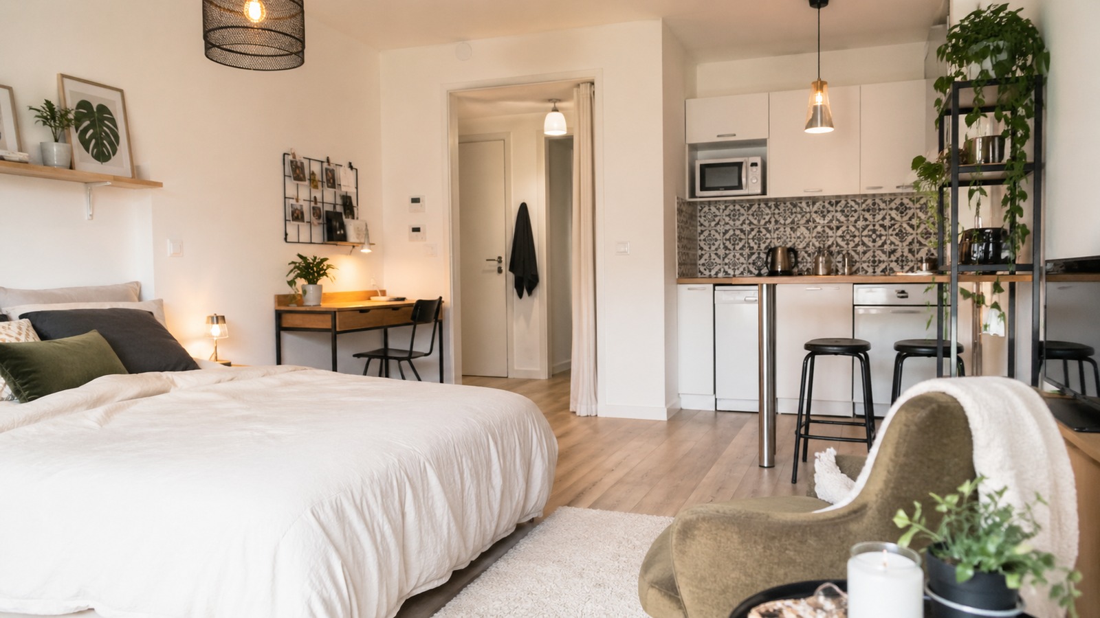 Studio meublé moderne avec coin nuit et cuisine ouverte, exemple type de logement en bail meublé