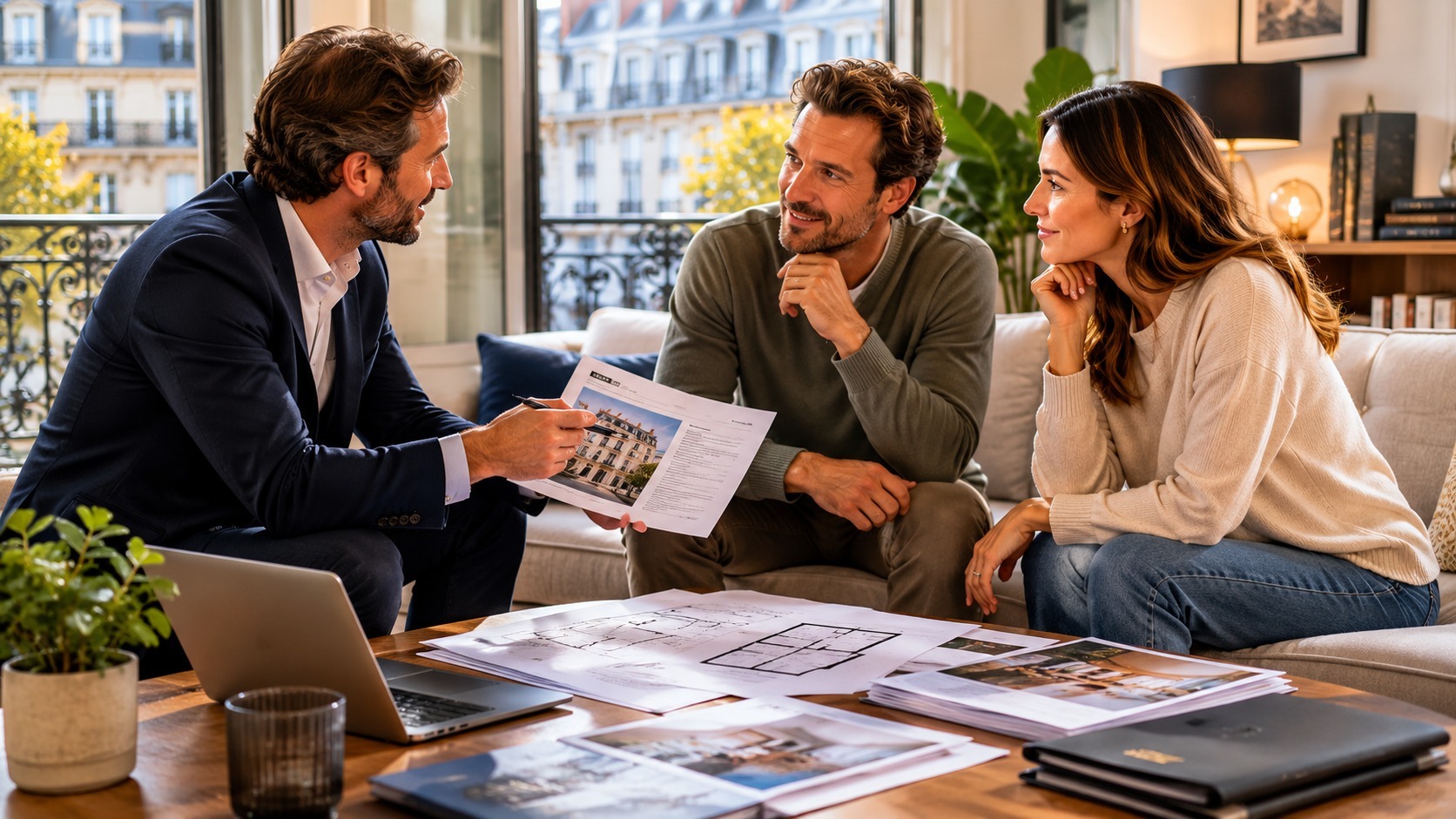 Couple de propriétaires bailleurs en discussion avec un agent immobilier pour vendre leur logement loué