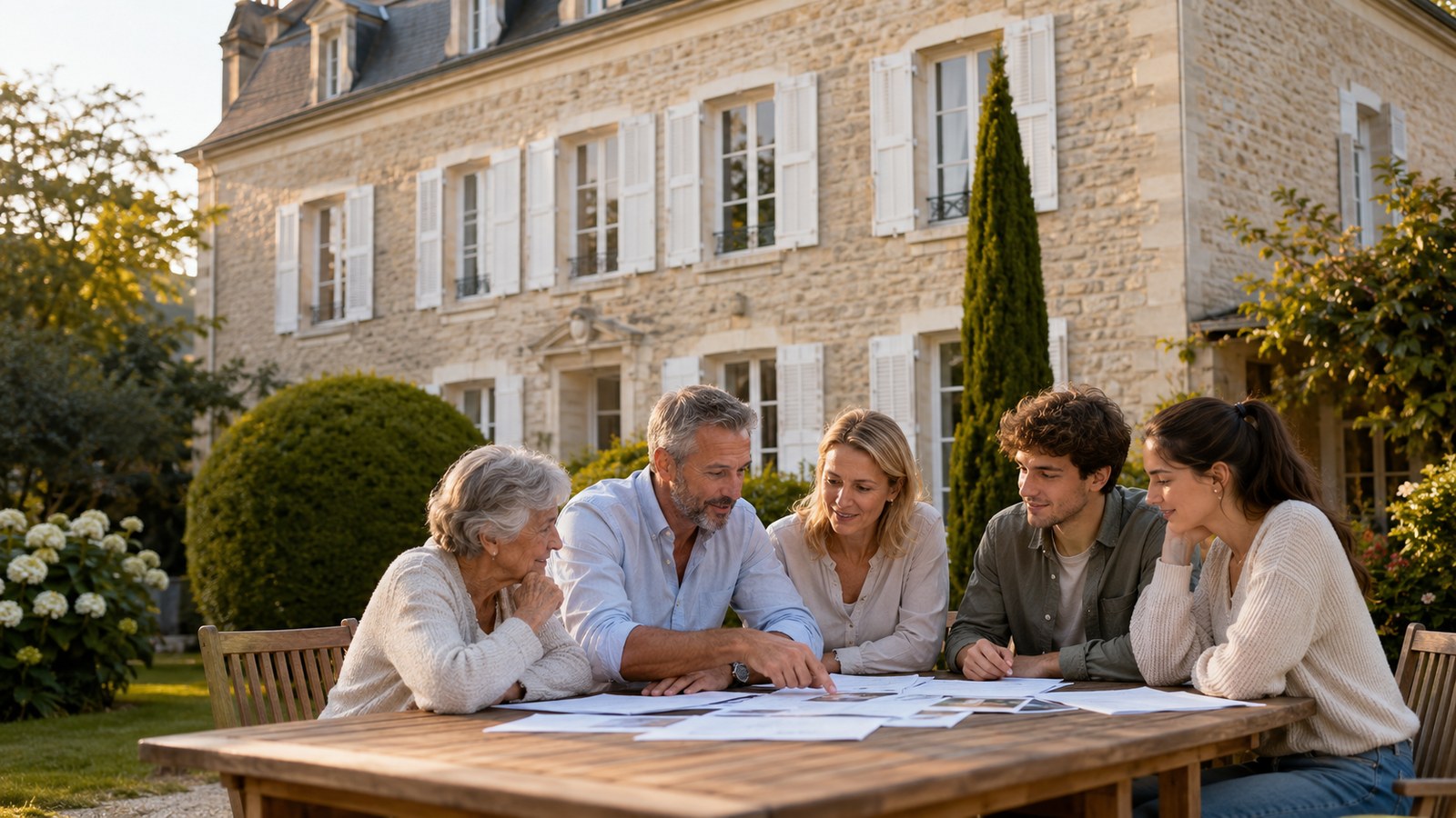 Famille de trois generations autour d'une table avec papiers, devant une maison en pierre — SCI familiale