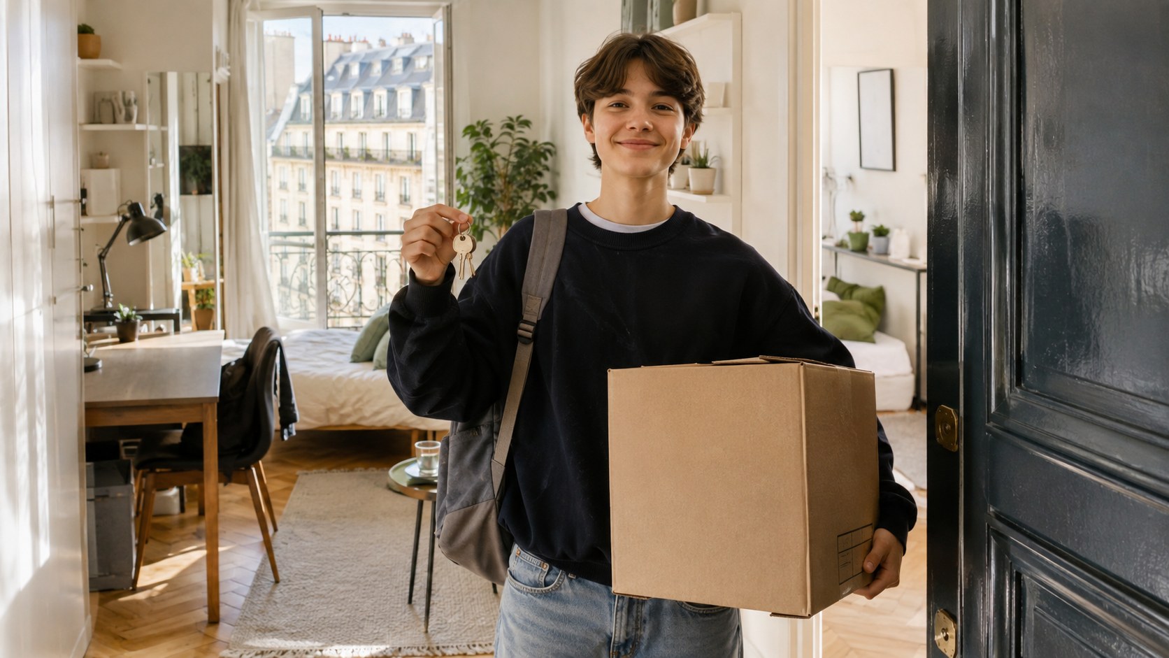 Etudiant souriant avec cles et carton devant un studio meuble parisien lumineux