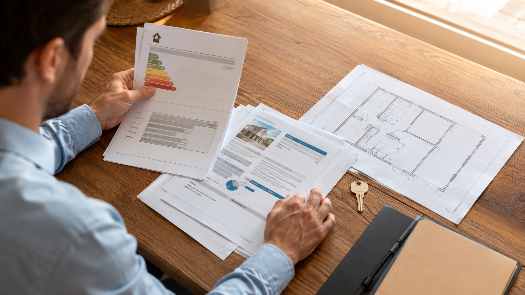 Vendeur examinant un dossier de diagnostics techniques immobiliers avec DPE, plan de maison et clef